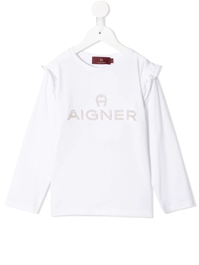 Aigner Kids' Rhinestone Logo Ruffled Shoulders Sweatshirt In White