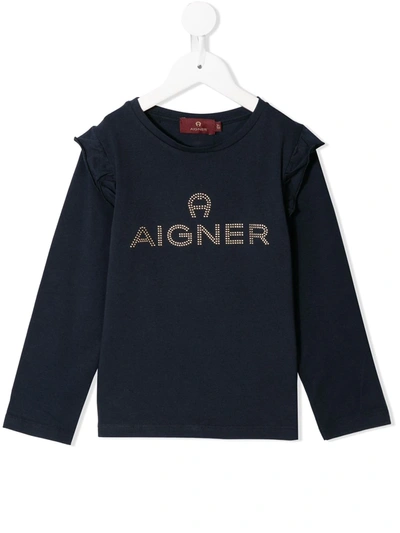 Aigner Kids' Rhinestone Logo Ruffled Shoulders Sweatshirt In Blue