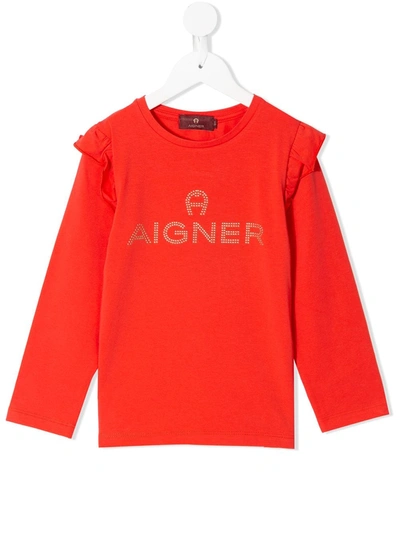 Aigner Kids' Rhinestone Logo Ruffled Shoulders Sweatshirt In Red