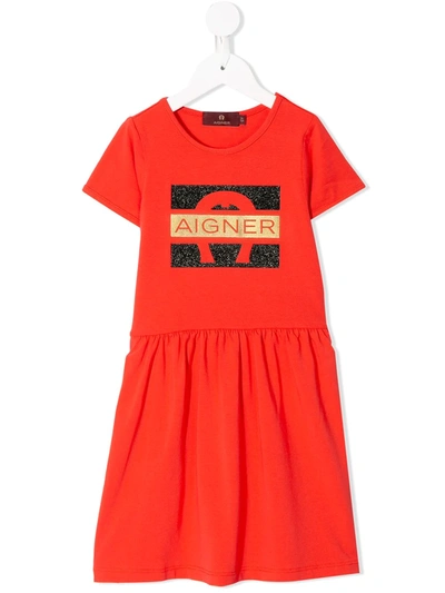 Aigner Kids' Logo Print Short-sleeve Dress In Red