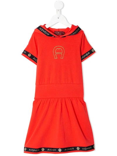 Aigner Kids' Hooded Logo Tape Dress In Red