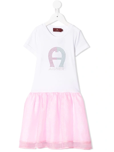 Aigner Kids' Rhinestone Logo Tulle Skirt Dress In Pink