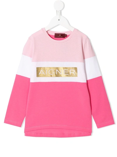 Aigner Kids' 金属感logo拼色卫衣 In Pink