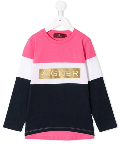 Aigner Kids' Metallic Logo Colour-block Sweatshirt In Pink
