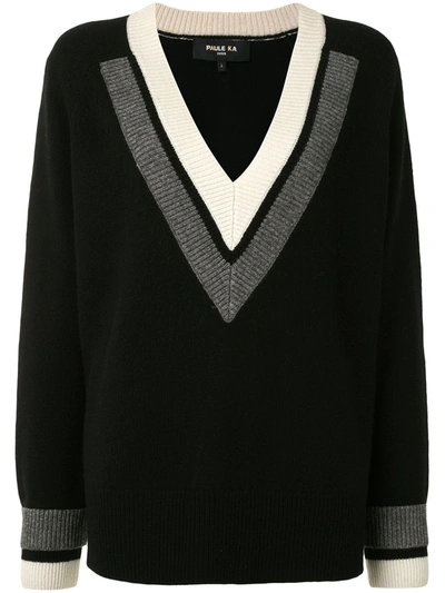 Paule Ka Knitted V-neck Panel Detail Jumper In Black