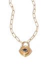 ANNOUSHKA 18KT YELLOW GOLD LOVELOCK EVIL EYE DIAMOND AND SAPPHIRE CHARM ON 14KT YELLOW GOLD MINI CABLE CHAIN N
