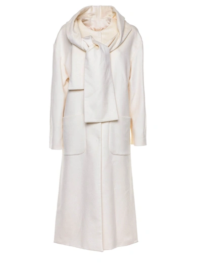 Blumarine Scarf Collar Coat In Ivory Colour In Cream