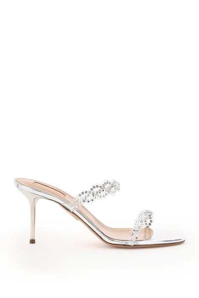 Aquazzura Heaven 75 Crystal-embellished Pvc And Metallic Leather Mules In Silver