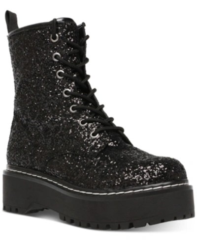Wild Pair Rizo Lug Sole Combat Booties, Created For Macy's Women's Shoes In Black Glitter
