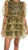 Ganni Ruffled Tiered Floral-print Organza Mini Dress In Yellow