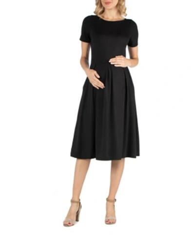 24seven Comfort Apparel Maternity Midi Dress With Short Sleeve And Pocket Detail In Black