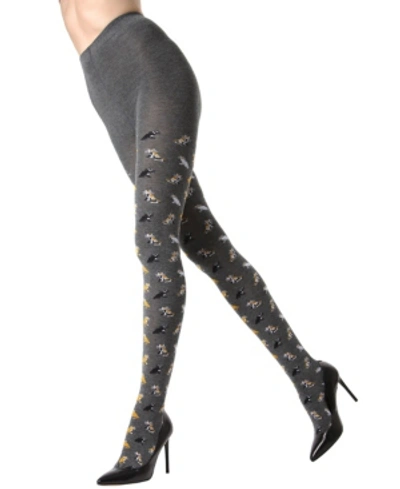 Memoi Women's Pretty Kitties Reinforced Toe Sweater Tights In Dark Gray