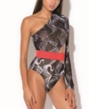 Hauty Crane Print One Shoulder Sheer Bodysuit Lingerie With Removable Belt In Black