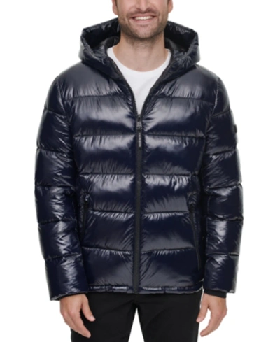 Calvin Klein Men's High Shine Hooded Puffer Jacket In True Navy