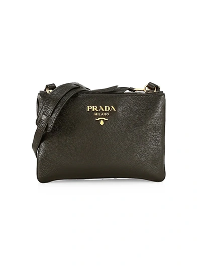 Prada Daino Double Zip Leather Crossbody Bag In Black