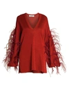 VALENTINO WOMEN'S OSTRICH FEATHER-SLEEVE V-NECK KNIT SWEATER,0400011317349