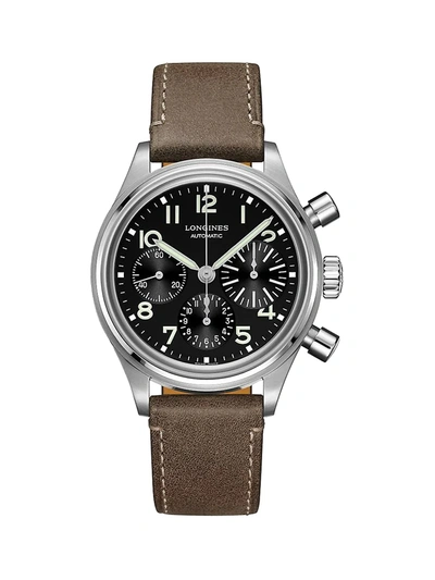 Longines Avigation Bigeye Chronograph 41mm Stainless Steel Leather-strap Watch In Black/brown