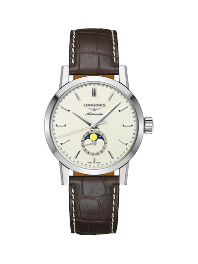 Longines 1832 Automatic Moon Phase Alligator Leather Strap Watch, 42mm In White/brown