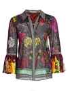 ALICE AND OLIVIA RIVERA FLORAL & DIAMOND PRINT SILK-BLEND BELL-SLEEVE BLOUSE,0400012303385