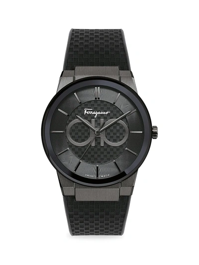 Ferragamo Sapphire Black Ip & Rubber Strap Watch