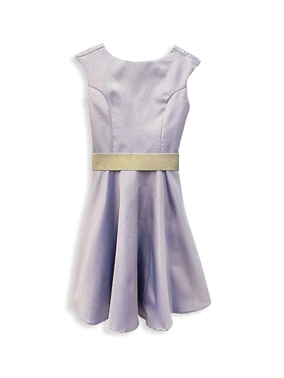 Un Deux Trois Kids' Girl's Cap-sleeve Jacquard Flared Dress In Blue Gold