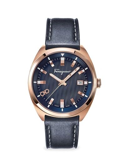 Ferragamo Evolution Rose Goldplated Leather Strap Watch In Blue