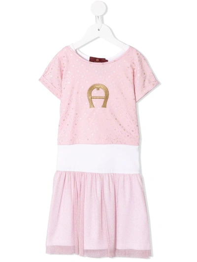 Aigner Kids' Metallic Embroidered Logo Dress In Pink