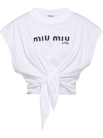 Miu Miu Cotton Jersey Top W/ Front Logo & Bow In White