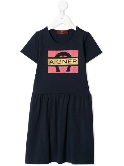 Aigner Kids' Logo Print Short-sleeve Dress In Blue