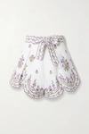 ZIMMERMANN POPPY BELTED SCALLOPED EMBROIDERED LINEN SHORTS