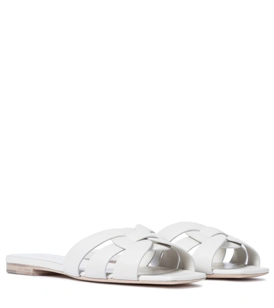Saint Laurent Woven Leather Flat Slide Sandals In Safari Kaki