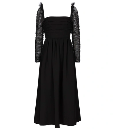 Self-portrait Pleated Crepe And Ruched Polka-dot Flocked Tulle Midi Dress In Black