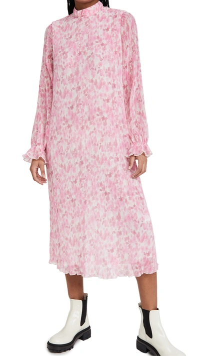 Ganni Floral Long Sleeve Plisse Georgette Midi Dress In Pink