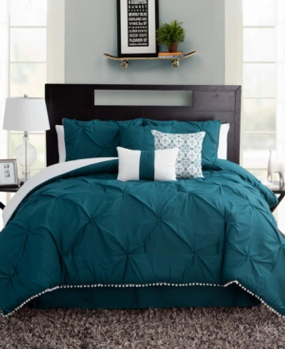 Sanders Pom Pom 7 Piece Queen Size Comforter Set Bedding In Blue