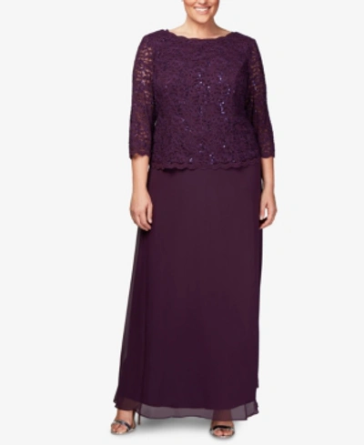 ALEX EVENINGS PLUS SEQUINED SCALLOPED EDGE LACE TOP GOWN