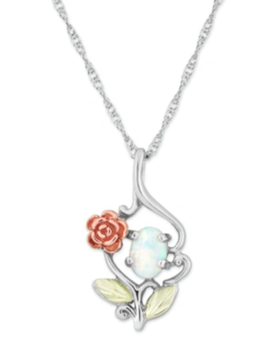 Black Hills Gold White Opal (7x5mm) Rose Pendant 18" Necklace In Sterling Silver With 12k Rose And Green Gold In Ss