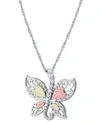 BLACK HILLS GOLD CUBIC ZIRCONIA BUTTERFLY PENDANT 18" NECKLACE IN STERLING SILVER WITH 12K ROSE AND GREEN GOLD