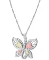 Black Hills Gold Cubic Zirconia Butterfly Pendant 18" Necklace In Sterling Silver With 12k Rose And Green Gold In Ss