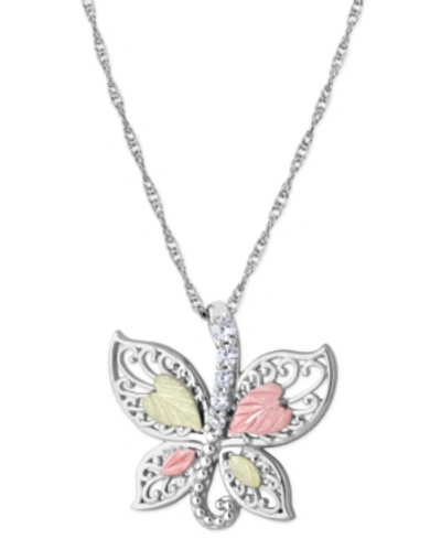 Black Hills Gold Cubic Zirconia Butterfly Pendant 18" Necklace In Sterling Silver With 12k Rose And Green Gold In Ss
