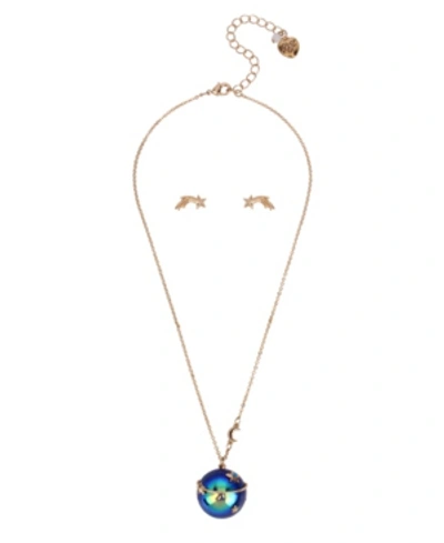 Betsey Johnson Celestial Planet Pendant Necklace Star Stud Earrings Set In Blue