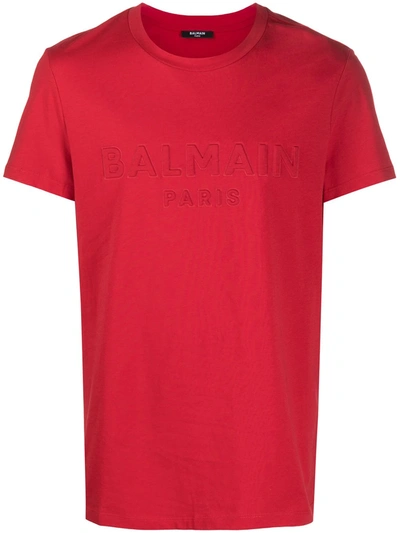 Balmain Cotton T-shirt With Embossed Logo In Red