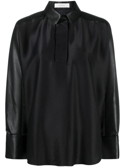 Aeron Faux-leather Half-button Shirt In Black
