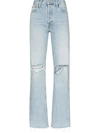 Re/done 90s Loose Straight Cropped Distressed Mid-rise Jeans In Blue
