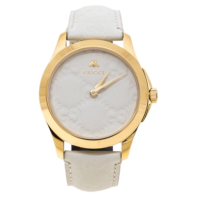 Pre-owned Gucci White Yellow Gold Pvd Coated Stainless Steel Leather G-timeless 126.4 Women's Wristwatch 38 Mm