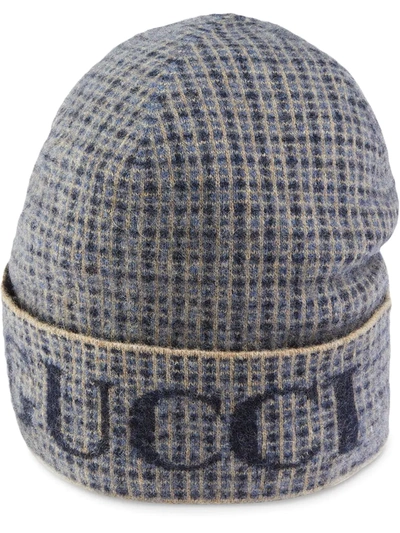 Gucci Logo-intarsia Checked Wool-blend Beanie In Grey