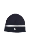 FRED PERRY LOGO EMBROIDERY BEANIE IN BLUE
