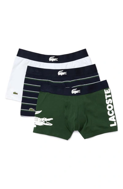 Lacoste 3 Pack Trunks With Large Croc Logo In Khaki/ Navy/white-multi