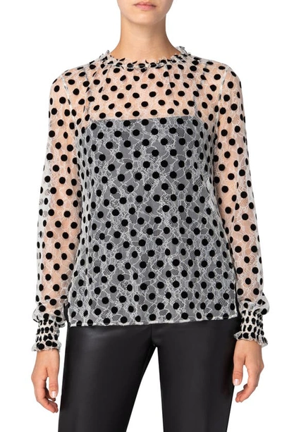 Akris Punto Ruffle Lace Floral Long-sleeve Dotted Blouse In Cream Black