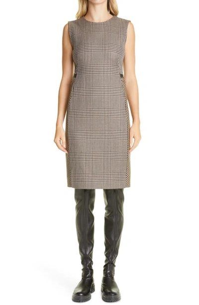 Akris Prince Of Wales Leather Trim Double Face Wool Sheath Dress In Camel