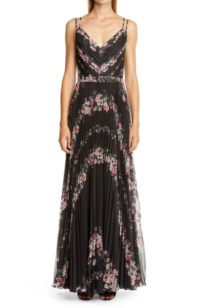 Marchesa Notte Belted Floral-print Plissé-chiffon Gown In Black